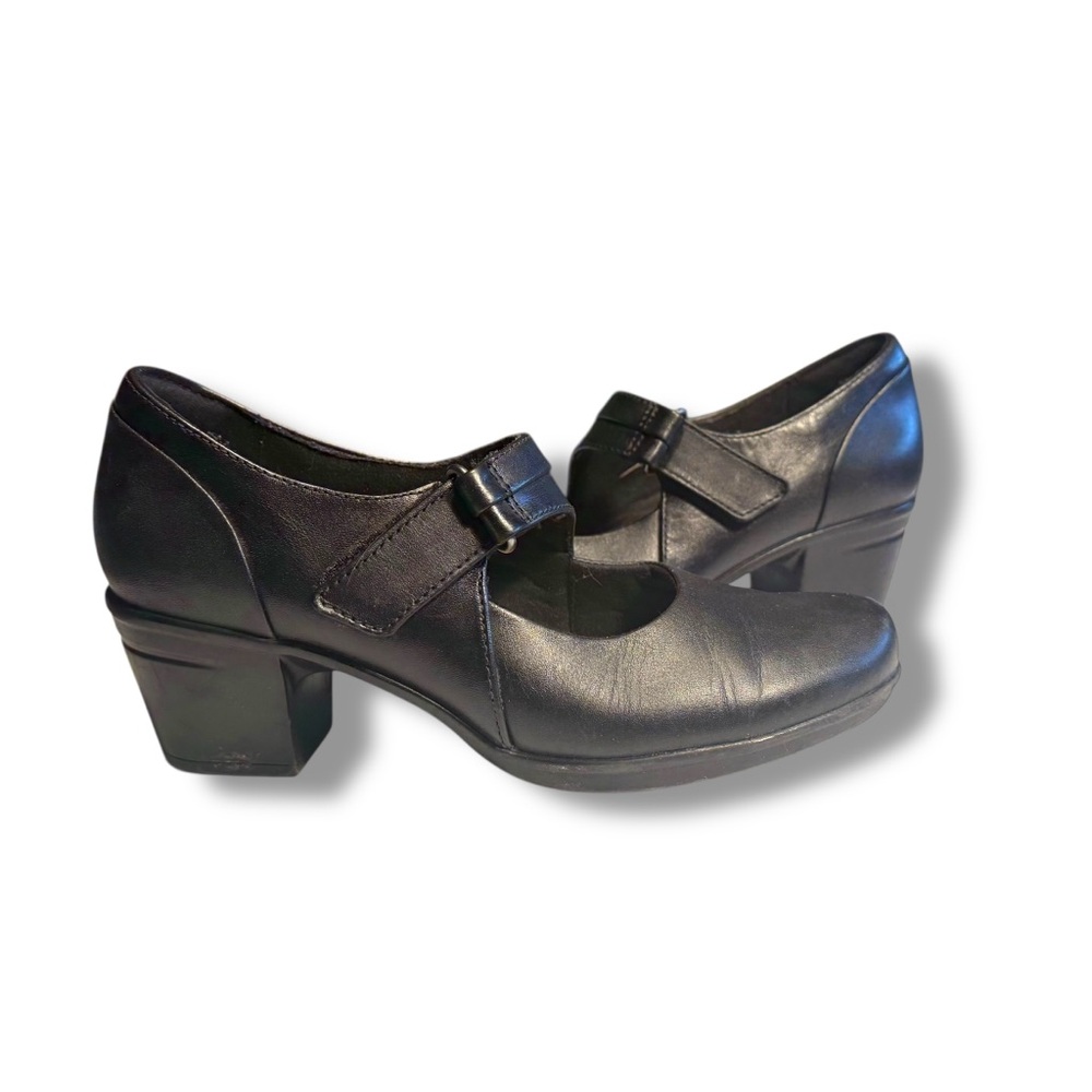 Clark’s Black Mary Jane Heels Leather Adjustable Strap Ankle Height
